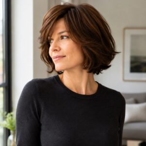 Perfil de mujer con peluca bob Lucía en color Ginger Brown