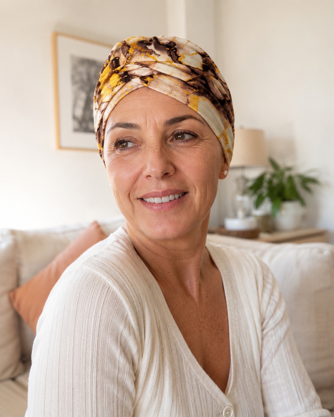 Pañuelo oncologico de bambu modelo kenia, foto de producto de lifestyle