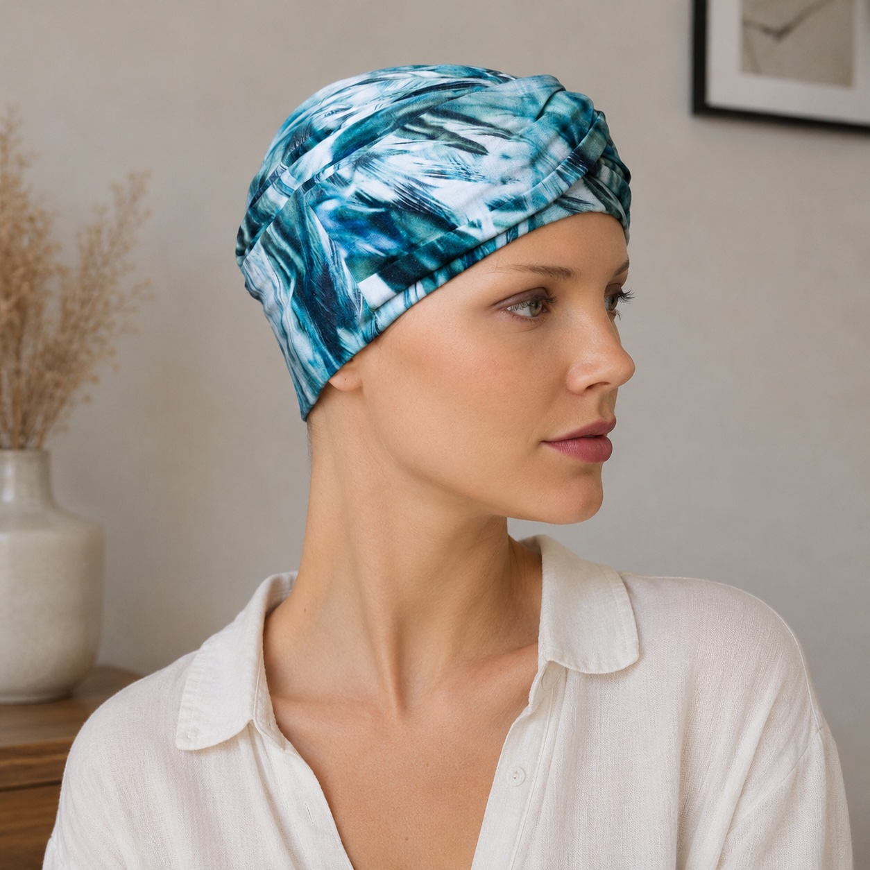 turbante oncologico estampado floral azules