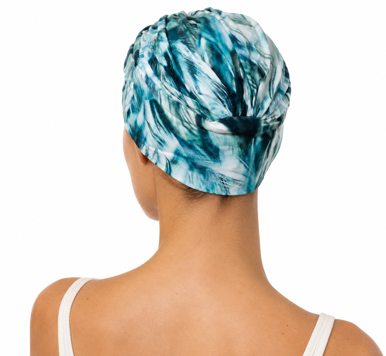 turbante oncologico de palmeras en tonos azules vista trasera