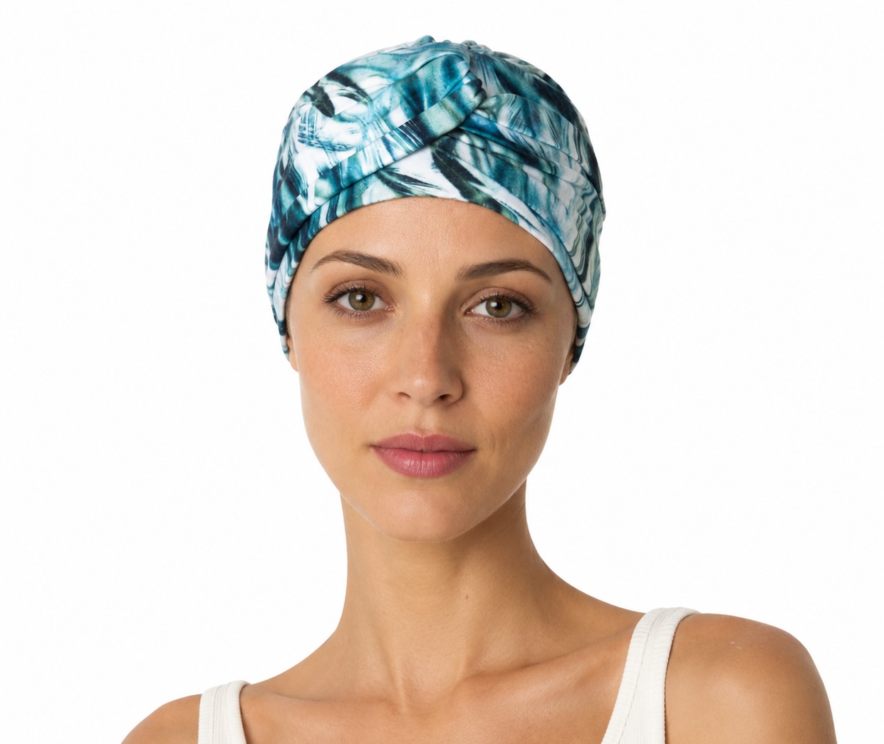 turbante oncologico de bambu vista frotal palmeras azules