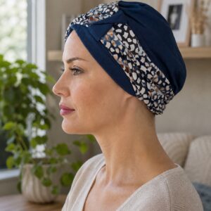 pañuelo-oncologico-mujer-lifestyle-lateral Vista lateral lifestyle de pañuelo oncológico para mujer