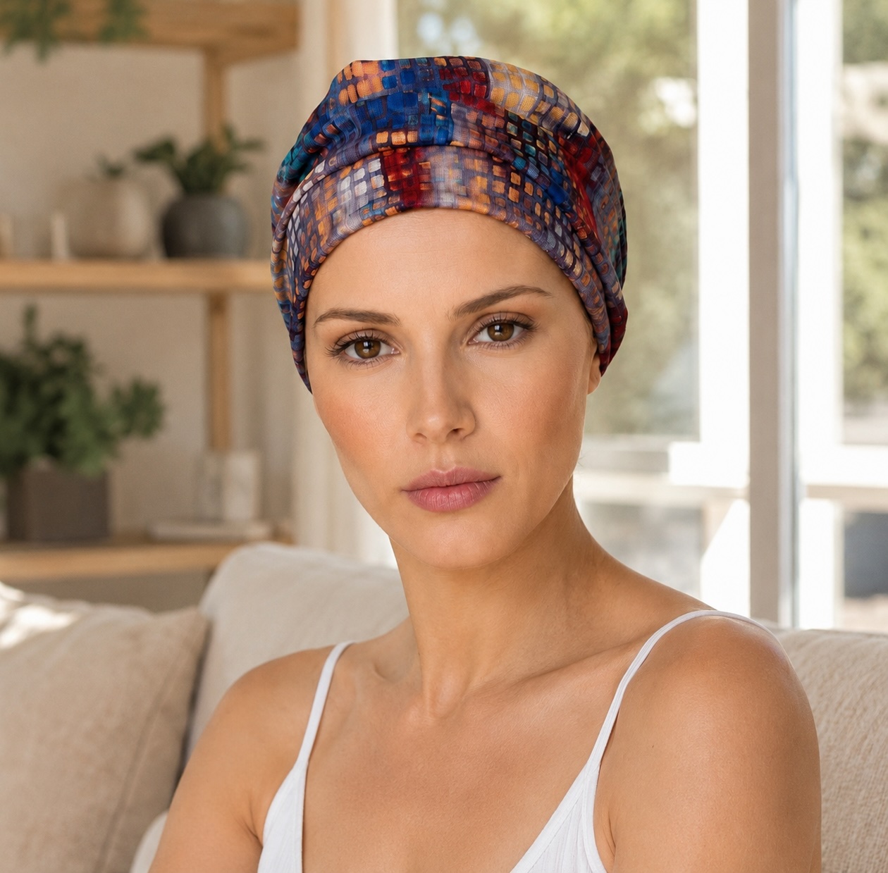 Pañuelo oncologico de bambú con estampados de colores predominando el azul y el rojo
