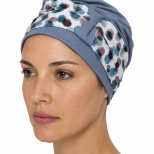 turbante oncológico Lisboa Azul de bambú con estampado de lunares