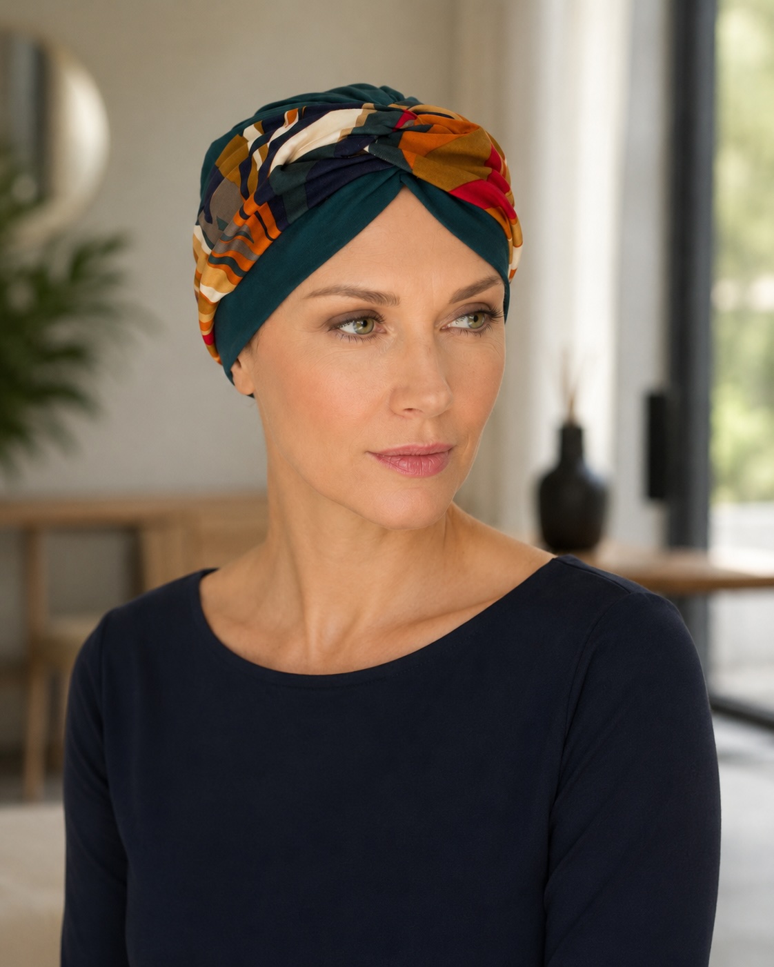 Turbante oncológico Macadamia en bambú con estampado cálido