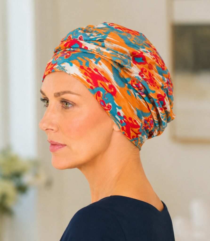 Turbante oncológico Nueva Caledonia estampado naranja y turquesa
