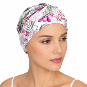 Turbante oncológico de bambú estampado floral rosa para mujer en quimioterapia