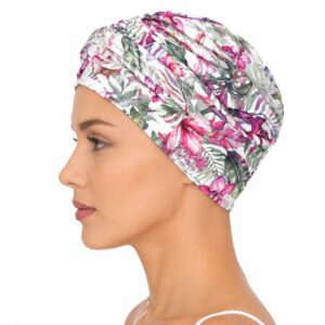 turbante-oncologico-bambu-floral-rosa-vista-lateral Vista lateral de turbante oncológico de bambú floral rosa para mujer