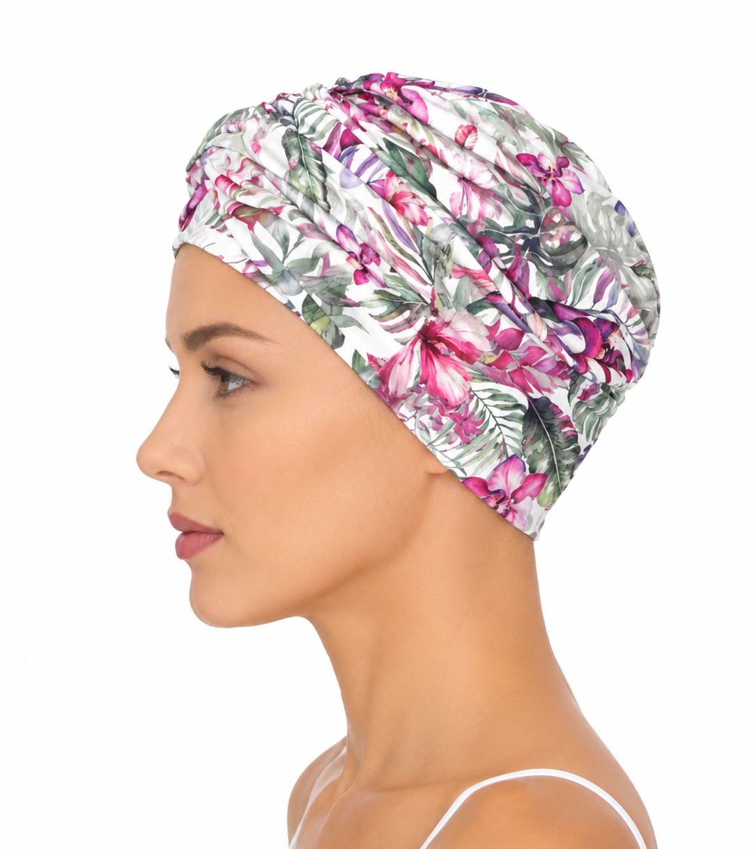 Vista lateral de turbante oncológico de bambú floral rosa para mujer
