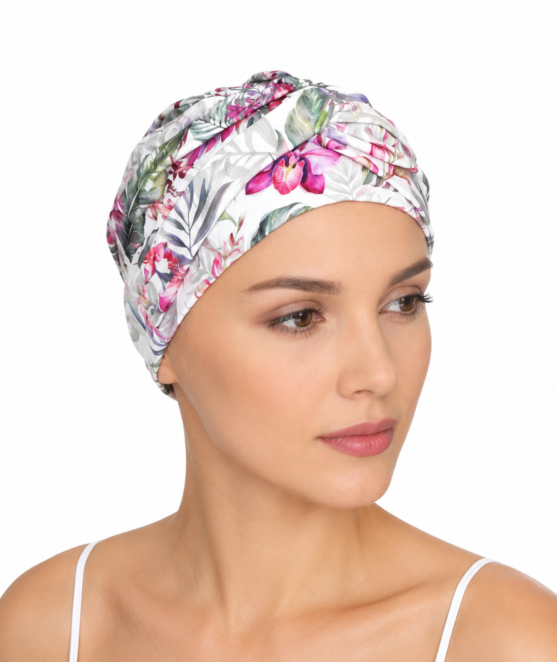 Turbante oncológico de bambú estampado floral rosa para mujer en quimioterapia