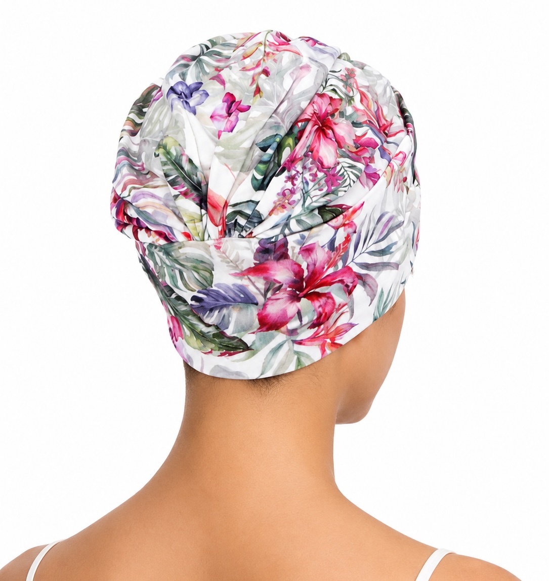 Vista trasera de turbante oncológico de bambú floral rosa ajustable