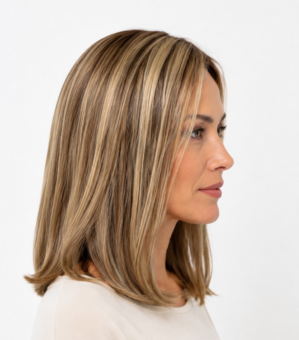 Perfil derecho de Paloma con mechas rubias y raíz oscura