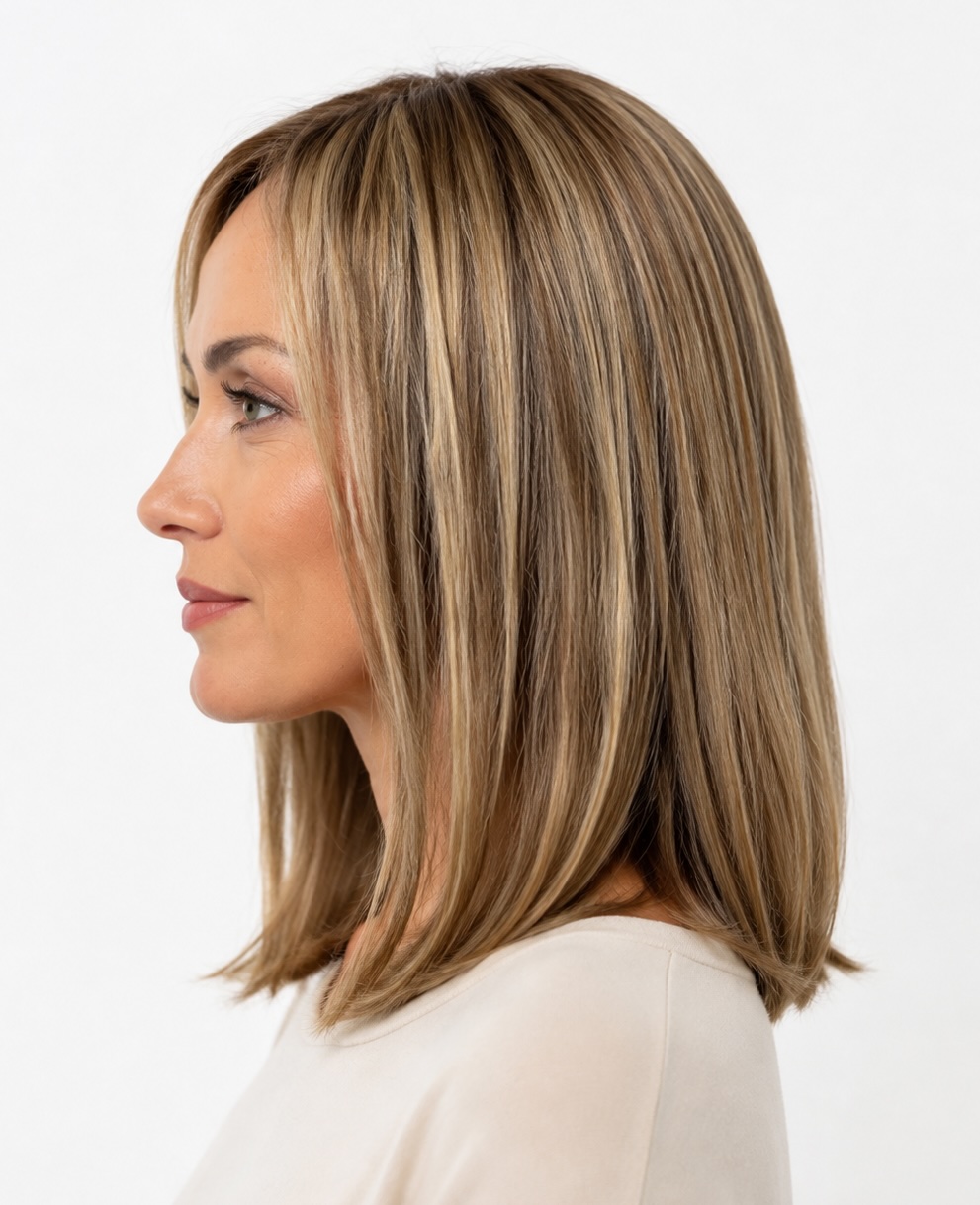Perfil izquierdo de Paloma con mechas rubias y raíz oscura
