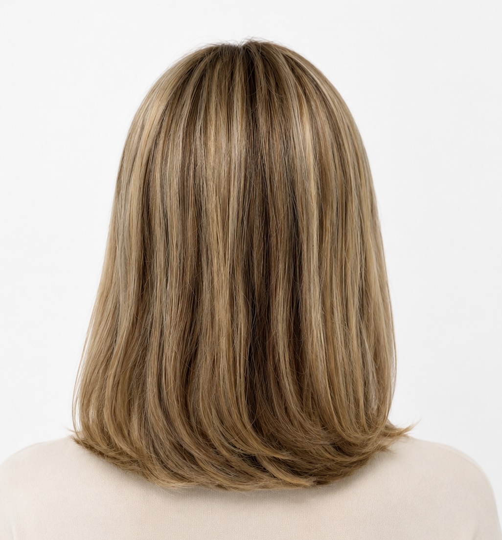 Vista trasera de la peluca Paloma y acabado del corte long bob