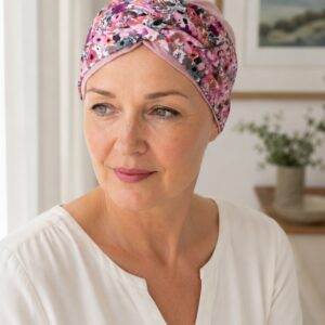 mujer-panuelo-oncologico-bambu-cordoba Mujer con pañuelo oncológico de bambú floral Córdoba junto a una ventana