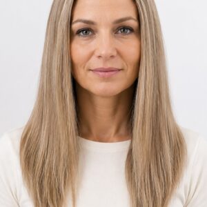 Peluca de pelo natural Estela, melena larga rubio beige ceniza vista de frente