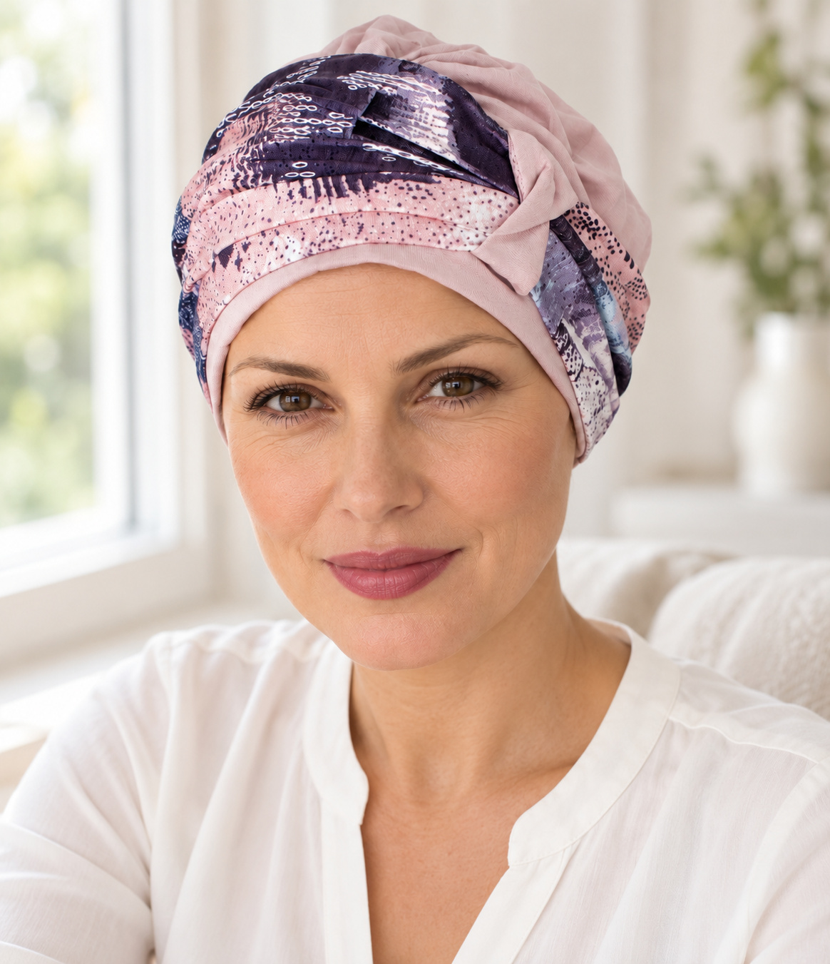 Mujer con pañuelo Dinamarca rosa y estampado abstracto junto a una ventana