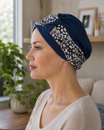 Vista lateral lifestyle de pañuelo oncológico para mujer