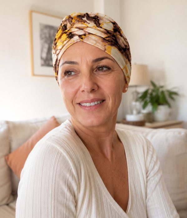 Pañuelo oncologico de bambu modelo kenia, foto de producto de lifestyle