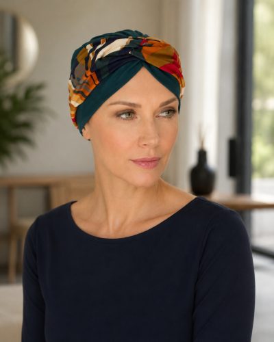 Turbante oncológico Macadamia en bambú con estampado cálido