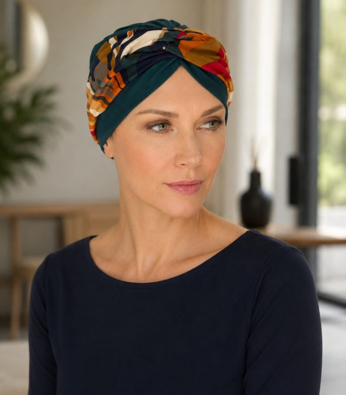 Turbante oncológico Macadamia en bambú con estampado cálido